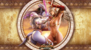 2girls armor armpits ass azazel1944 bad_link bikini_armor blood_elf_(warcraft) draenei highres horns long_hair multiple_girls tail warcraft weapon world_of_warcraft