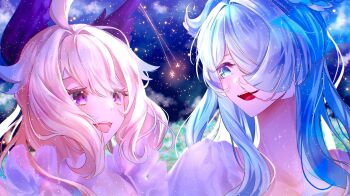 2girls :d ahoge aqua_eyes blonde_hair blue_hair blush commentary cross-shaped_pupils dress elira_pendora enna_alouette hair_intakes head_wings highres isea_seai long_hair looking_at_another multiple_girls night night_sky nijisanji nijisanji_en open_mouth purple_eyes shooting_star sky smile sparkle star_(sky) starry_sky symbol-only_commentary symbol-shaped_pupils virtual_youtuber white_dress wings