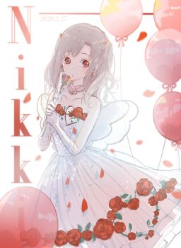 Rule 34 | 1girl, angel wings, balloon, brown hair, chinese commentary, choker, collarbone, commentary request, copyright name, covered mouth, cowboy shot, dated, dot nose, dress, dress flower, earrings, expressionless, fake wings, flower, flower to mouth, gloves, hair bobbles, hair ornament, heart, heart earrings, highres, holding, holding flower, jewelry, la vie en rose (shining nikki), light blush, light particles, long hair, miqing, nikki (series), petals, pink choker, pleated dress, red eyes, red flower, red rose, rose, rose petals, shining nikki, short dress, solo, standing, strapless, strapless dress, tareme, two side up, white background, white dress, white gloves, white wings, wings