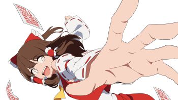 1girl :d alternate_eye_color anime_coloring ascot bow brown_hair clenched_hand commentary_request detached_sleeves false_smile foreshortening frilled_bow frilled_hair_tubes frills hair_bow hair_tubes hakurei_reimu highres imminent_punch kapuri_(capuriwa) long_hair looking_to_the_side meme nontraditional_miko ofuda open_mouth outstretched_arm outstretched_hand palms pepe_punch_(meme) reaching reaching_towards_viewer red_bow red_skirt red_vest simple_background skirt skirt_set smile solo spread_fingers touhou upper_body vest white_background white_eyes yellow_ascot