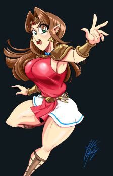 1girl 2020 absurdres alternate_breast_size_(larger) artist_name bare_legs black_background blush boots breasts brown_hair collarbone commentary curtained_hair curvy dynamic_pose english_commentary eyebrows_hidden_by_hair female_focus foot_out_of_frame green_eyes hand_up highres jewelry joepopls lace-up_boots large_breasts leg_up long_hair miniskirt necklace nintendo open_mouth pauldrons pearl_necklace pelvic_curtain pointy_ears princess_zelda serious shoulder_armor side_slit signature simple_background skirt solo straight_hair the_legend_of_zelda the_legend_of_zelda:_a_link_to_the_past thick_thighs thighs tiara v-shaped_eyebrows vambraces white_skirt wrestling_outfit