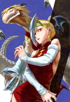 Rule 34 | 1girl, bare shoulders, blonde hair, boku no hero academia, china dress, chinese clothes, claws, commentary request, detached sleeves, dragon, dragon girl, dress, dual persona, ear piercing, head wings, headband, highres, piercing, ryuukyuu, sharp teeth, short hair, teeth, wings, yomoyama yotabanashi