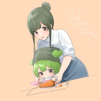 2girls apron brown_eyes carrot chibi grey_hair hair_bun headscarf highres holding holding_knife knife multiple_girls nankawa_rota simple_background sweater touhoku_zunko turtleneck turtleneck_sweater voiceroid voicevox zundamon