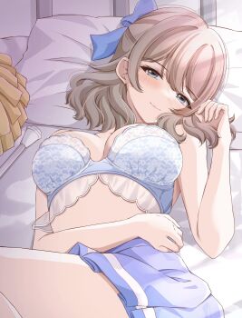 1girl blue_bow blue_bra blue_eyes blue_skirt blush bow bra breasts brown_hair closed_mouth come_hither commentary_request cowboy_shot hair_bow hand_up highres horizontal_pupils large_breasts lingerie looking_at_viewer lying medium_hair motimoti516moti no_shirt on_back on_bed original parted_bangs pleated_skirt pom_pom_(cheerleading) skirt solo underwear