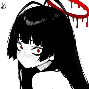 1girl antenna_hair blood blood_halo blue_archive commentary constricted_pupils from_side greyscale halo hatching_(texture) highres liquid_halo long_hair looking_at_viewer lughost monochrome portrait red_eyes signature solo spot_color sweat tsurugi_(blue_archive)