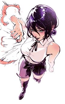 1girl black_ribbon chainsaw_man green_eyes hair_between_eyes hair_bun highres loafers neck_ribbon open_mouth purple_hair purple_shoes purple_shorts purple_thighhighs reze_(chainsaw_man) ribbon shirohakune shirt shirt_tucked_in shoes shorts simple_background sleeveless sleeveless_shirt solo thighhighs white_background white_shirt