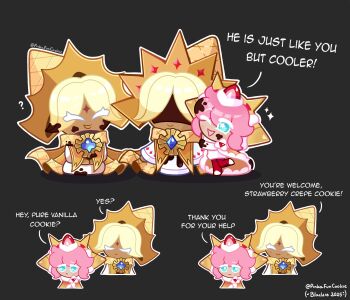 1boy 1other 2025 ? ^_^ androgynous black_bow blackie_(pinkafuncookie) blonde_hair blue_eyes blue_gemstone boots bow bright_pupils brooch cape chibi child closed_eyes colored_eyelashes commentary cookie_run cookie_run:_kingdom dark-skinned_male dark_skin diamond_print dirty dirty_clothes dirty_face english_commentary english_text eyes_visible_through_hair facial_mark food-themed_clothes food-themed_hair_ornament forehead_mark frown fur-trimmed_sleeves fur_trim gem hair_ornament happy hat highres jewelry long_sleeves meme multiple_views neck_ruff official_style one_eye_closed open_mouth pants pink_hair print_sleeves pure_vanilla_cookie red_pants robe sad short_hair signature simple_background sleeves_past_wrists smile star-shaped_pupils star_(symbol) strawberry_crepe_cookie strawberry_hair_ornament symbol-shaped_pupils twitter_username white_boots white_pupils white_robe wide_sleeves yellow_cape yellow_cloak yellow_hat