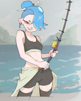 1girl blue_hair chest_sarashi cowboy_shot earrings eyeliner facing_viewer fish_hook fishing_rod grin hair_ornament hair_over_one_eye hair_stick jewelry lake makeup mountainous_horizon nintendo red_eyes sarashi shiver_(splatoon) shiver_(splatoon_raiders) shorts smile solo splatoon_(series) splatoon_raiders tank_top tanukichikushin tentacle_hair thighhighs water