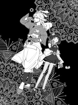Rule 34 | 1boy, 1girl, alternate costume, belt, black background, black dress, blunt bangs, bob cut, brother and sister, clothes around waist, coat, dress, fishnet pantyhose, fishnets, full body, gloves, gwynn (pokemon), hair ornament, highres, ivor (pokemon), jacket, jacket around waist, long hair, looking at viewer, maid headdress, mole, mole under mouth, monochrome, nintendo, o-ring, o-ring belt, pantyhose, partially fingerless gloves, pokemon, pokemon legends: z-a, short hair, siblings, simple background, standing, white coat, yametene50