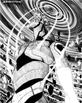 artist_name commentary eva_01 evangelion_(mecha) from_behind hatching_(texture) highres mecha neon_genesis_evangelion no_humans open_mouth robot rock seveninks solo tornado upper_body