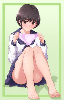 1girl akippoi_0919 barefoot black_hair black_neckerchief black_sailor_collar black_skirt bow bow_panties censored closed_mouth commentary_request convenient_censoring crotch_seam full_body hands_up highres holding holding_panties holding_underwear holding_unworn_clothes knees_up long_sleeves looking_at_viewer miniskirt mosaic_censoring neckerchief no_panties original panties pink_panties pleated_skirt presenting_removed_panties raised_inner_eyebrows sailor_collar school_uniform serafuku shirt short_hair sitting skirt smile solo underwear unworn_panties variant_set white_shirt wispy_bangs