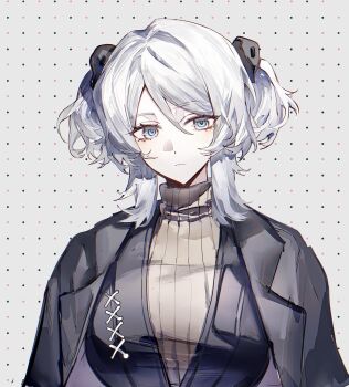 Rule 34 | 1girl, absurdres, black coat, black vest, blue eyes, bochishiraita, brown sweater, closed mouth, coat, faust (project moon), hair between eyes, hair ornament, highres, lapels, limbus company, medium hair, notched lapels, project moon, ribbed sweater, sidelocks, skull hair ornament, solo, sweater, twintails, vest, white background, white hair