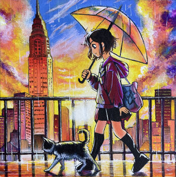 1girl absurdres acrylic_paint_(medium) arm_at_side bag black_hair black_skirt black_socks building cat chrysler_building city closed_mouth colorful commentary_request dated_commentary from_side full_body hand_up highres holding holding_umbrella hood hood_down hoodie kneehighs miniskirt multicolored_sky new_york_city original painting_(medium) profile purple_hoodie railing rain real_world_location short_hair shoulder_bag skirt sky skyline skyscraper socks solo traditional_media umbrella walking yousonn
