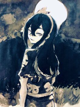 Rule 34 | 1girl, 95 (berugimu95), carmine (pokemon), crossed bangs, eyelashes, festival jinbei, from behind, full moon, hair between eyes, hairband, highres, japanese clothes, long hair, looking at viewer, looking back, mask, mask on head, mole, mole under eye, moon, multicolored hair, nintendo, pokemon, pokemon scarlet and violet, short sleeves, solo, traditional media