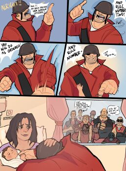 1other 2girls absurdres baby balaclava black_gloves black_hair blu_spy_(tf2) bodysuit bogmonsterisle brown_hair combat_helmet dark-skinned_male dark_skin demoman_(tf2) engineer_(tf2) english_text eyepatch facial_hair fingerless_gloves formal_clothes gas_mask glasses gloves goggles hat heavy_(tf2) helmet highres latex latex_bodysuit m1_helmet mask medic_(tf2) multiple_boys multiple_girls necktie open_mouth overalls pyro_(tf2) red_bodysuit red_demoman_(tf2) red_engineer_(tf2) red_heavy_(tf2) red_medic_(tf2) red_pyro_(tf2) red_scout_(tf2) red_shirt red_sniper_(tf2) red_soldier_(tf2) red_spy_(tf2) scout_(tf2) shirt short_hair smile sniper_(tf2) soldier_(tf2) spy_(tf2) suit sunglasses team_fortress_2 window zhanna_(tf2)