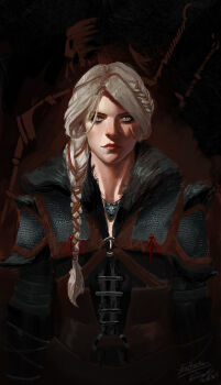1boy 1girl absurdres armor back-to-back braid braided_ponytail ciri facial_scar geralt_of_rivia green_eyes highres long_hair looking_at_viewer scar scar_on_cheek scar_on_face signature solo_focus sword sword_on_back the_witcher_(series) the_witcher_4 triestwotimes upper_body weapon weapon_on_back white_hair witcher_medallion