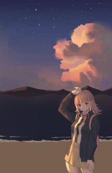 Rule 34 | 1girl, black jacket, brown hair, buttons, closed mouth, cloud, collared shirt, commentary, danganronpa (series), danganronpa 2: goodbye despair, highres, jacket, jiyue (murasame524), lake, long sleeves, looking at viewer, nanami chiaki, outdoors, pink bag, pink ribbon, pleated skirt, ribbon, shirt, shore, short hair, skirt, sky, solo, unfinished