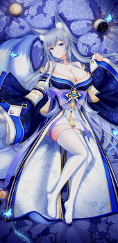 1girl animal_ear_fluff animal_ears azur_lane bare_shoulders blue_butterfly blue_eyes blue_kimono breasts bug butterfly cleavage commentary_request de-zeru detached_collar fox_ears fox_girl fox_tail full_body gold_trim grey_hair highres insect japanese_clothes kimono kitsune kyuubi large_breasts large_tail long_hair long_sleeves looking_at_viewer moon_phases multiple_tails shinano_(azur_lane) solo tail thighhighs very_long_hair white_thighhighs wide_sleeves