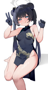 1girl absurdres bare_shoulders black_dress black_gloves black_hair blue_archive blue_eyes breasts butterfly_hair_ornament closed_mouth double_bun dress gloves grey_halo groin hair_bun hair_ornament halo hei_tudou highres kisaki_(blue_archive) long_hair medium_breasts no_panties sleeveless smile solo thighs tongue tongue_out twintails v very_long_hair white_background