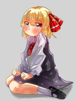 Rule 34 | 1girl, :i, ankle socks, black shoes, black vest, blonde hair, blush, collared shirt, commentary request, grey background, hands on own legs, highres, kagume3564, kneeling, long sleeves, looking at viewer, mary janes, necktie, pout, red eyes, red necktie, rumia, shadow, shirt, shoes, skirt, socks, solo, touhou, vest, white shirt, white socks