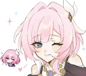 1girl blue_eyes chibi chibi_inset closed_mouth cyrene_(aedes_elysiae)_(honkai:_star_rail) cyrene_(honkai:_star_rail) derivative_work diamond-shaped_pupils diamond_(shape) gem gold_necklace hair_intakes hair_ornament heart highres honkai:_star_rail honkai_(series) jewelry looking_at_viewer necklace one_eye_closed oxo_tya pink_hair portrait reference_inset short_hair sidelocks simple_background smile solo sparkle symbol-shaped_pupils white_background