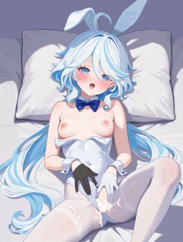 1girl after_vaginal aftersex animal_ears asymmetrical_gloves black_gloves blue_bow blue_bowtie blue_eyes blue_hair blush bow bowtie clothing_aside covered_navel cum cum_in_pussy detached_collar fake_animal_ears furina_(genshin_impact) genshin_impact gloves hair_between_eyes half_gloves head_on_pillow highres leotard leotard_aside leotard_pull long_hair looking_at_viewer lying mismatched_gloves multicolored_hair on_back open_mouth pantyhose pillow rabbit_ears riku_(rrr_gns) solo strapless strapless_leotard streaked_hair teeth tongue upper_teeth_only white_gloves white_hair white_leotard white_pantyhose white_wrist_cuffs wrist_cuffs