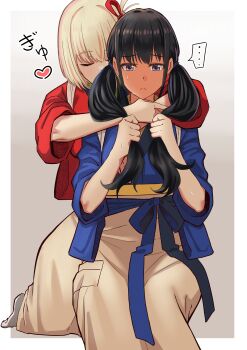 ... 2girls absurdres arm_around_shoulder black_hair blonde_hair blush border closed_eyes closed_mouth commentary_request full-face_blush hair_ribbon heart highres hug hug_from_behind inoue_takina japanese_clothes kimono long_hair lycoris_recoil multiple_girls nishikigi_chisato purple_eyes red_eyes red_ribbon ribbon short_hair tasuki twintails user_fexy5783 white_border yuri