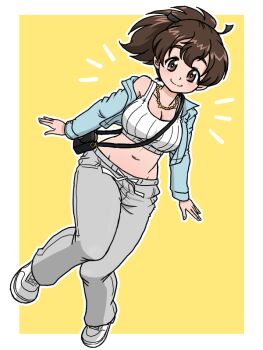 1girl blush breasts brown_eyes brown_hair cleavage closed_mouth full_body girls_und_panzer grey_pants hair_ribbon jewelry koyama_yuzu large_breasts long_hair looking_at_viewer midriff navel necklace pants ponytail ribbon simple_background smile solo takahashi_kurage yellow_background