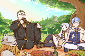 Rule 34 | 1girl, 3boys, beard, beer mug, blue flower, blue hair, blush, book, boots, brown boots, brown hair, chinese commentary, commentary request, cup, dwarf, earrings, eisen (sousou no frieren), elf, facial hair, fake horns, flower, food, frieren, fruit, glasses, grapes, green hair, grey hair, heiter, helmet, highres, himmel (sousou no frieren), holding, holding flower, horned helmet, horns, jewelry, mug, multiple boys, one eye closed, open mouth, picnic blanket, pointy ears, sandwich, scenery, simple bird, sitting, smile, sousou no frieren, thumbs up, tree, user hkzs4284