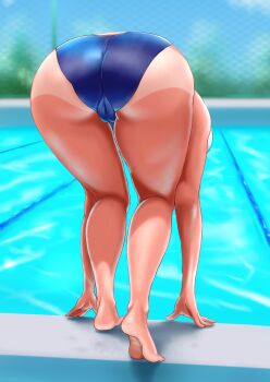 1girl ameyuki23 ass ass_focus back bent_over competition_swimsuit from_behind highres one-piece_swimsuit partially_visible_vulva pool poolside swimsuit thick_thighs thighs uriens