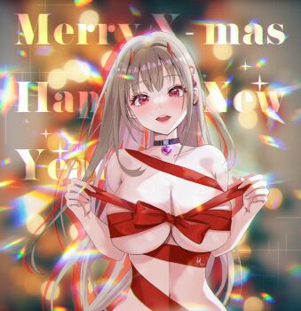 1girl absurdres black_choker blurry blush bokeh bow breasts brown_hair choker cleavage commentary depth_of_field drop_shadow english_text gem goddess_of_victory:_nikke hair_ornament happy_new_year heart heart_choker highres horns large_breasts long_hair looking_at_viewer maya_(m4yatic) merry_christmas naked_ribbon navel new_year open_mouth pink_gem red_bow red_eyes red_horns red_ribbon ribbon signature smile snake_hair_ornament solo upper_body viper_(nikke)