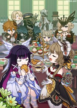 4boys 5girls aged_down animal_ears arlecchino_(genshin_impact) black_coat black_hair blonde_hair blue_eyes brown_hair cake capitano_(genshin_impact) cat_ears closed_eyes coat columbina_(genshin_impact) commentary cookie cup cupcake dessert dress english_commentary eye_mask flower food freminet_(genshin_impact) fur-trimmed_coat fur_trim genshin_impact gloves grey_hair hair_between_eyes hair_bun hair_over_one_eye hat head_wings headdress helmet highres holding holding_cup indoors kettle long_hair lynette_(genshin_impact) lyney_(genshin_impact) mask mask_on_head multicolored_hair multiple_boys multiple_girls open_mouth orange_hair pixel_art ponytail ppyok_1017 purple_eyes purple_hair ribbon sandrone_(genshin_impact) short_hair signora_(genshin_impact) tartaglia_(genshin_impact) teacup tiered_tray top_hat white_dress white_gloves white_ribbon winding_key wings