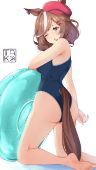 Rule 34 | 1girl, absurdres, animal ears, ass, bare shoulders, barefoot, beret, blue one-piece swimsuit, blush, breasts, brown hair, closed mouth, ears through headwear, hair ornament, hairclip, hat, highres, holding, holding swim ring, horse ears, horse girl, horse tail, innertube, looking at viewer, matikanetannhauser (umamusume), medium breasts, medium hair, multicolored hair, one-piece swimsuit, one eye closed, red hat, smile, solo, streaked hair, swim ring, swimsuit, tail, takoroki, umamusume, yellow eyes