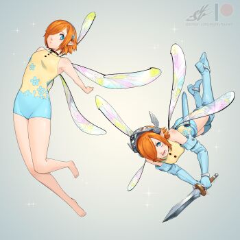 1girl bare_legs bare_shoulders barefoot blue_boots blue_eyes blue_gloves boots closed_mouth commentary eightyfourart elbow_gloves fairy fairy_wings floral_print full_body gallica_(metaphor:_refantazio) gloves gradient_background hair_over_one_eye hairband highres holding holding_sword holding_weapon leotard looking_at_viewer metaphor:_refantazio multicolored_leotard multiple_views official_alternate_costume orange_hair patreon_logo patreon_username pointy_ears print_leotard short_hair sword thigh_boots two-tone_leotard watermark weapon wings yellow_leotard