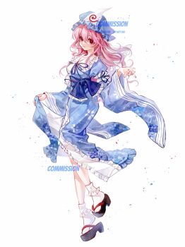 Rule 34 | 1girl, 80isiiii, absurdres, black sandals, blue hat, blue kimono, blue ribbon, closed mouth, commentary, commission, floral print, frilled kimono, frills, full body, hat, highres, japanese clothes, kimono, long hair, long sleeves, looking at viewer, mob cap, neck ribbon, petal print, pink eyes, pink hair, print kimono, ribbon, saigyouji yuyuko, sandals, sleeve garter, smile, socks, solo, touhou, triangular headpiece, watermark, white socks, wide sleeves