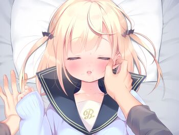 1boy 1girl bat_hair_ornament black_sailor_collar blonde_hair blue_sweater blush closed_eyes collarbone facing_viewer game_cg hair_ornament hand_on_another&#039;s_face hands_up large_variant_set long_sleeves lying mainichi_kiss_shite_lolita mihato_(mainichi_kiss_shite_lolita) non-web_source on_back on_bed open_mouth pillow piyodera_mucha portrait pov pov_hands sailor_collar school_uniform serafuku short_hair sleeves_past_wrists solo_focus sweat sweater two_side_up variant_set