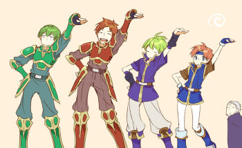 5boys alen_(fire_emblem) armor blue_eyes blue_tunic fire_emblem fire_emblem:_the_binding_blade green_armor green_eyes green_hair lance_(fire_emblem) marcus_(fire_emblem) multiple_boys nintendo noki_(affabile) old old_man purple_tunic red_armor red_hair roy_(fire_emblem) tunic wolt_(fire_emblem)