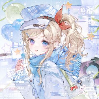 1girl absurdres bag balloon belt black_belt blonde_hair blue_background blue_eyes blue_hat blue_jacket blue_scarf blue_shirt bone bone_hat_ornament bow newsboy_cap candy chinese_commentary chupa_chups commentary_request commission dot_nose eyelashes fang food fringe_trim hair_ornament hairclip hat hat_belt hat_ornament heart_balloon heterochromia highres holding holding_candy holding_food holding_lollipop jacket jinyejing light_blush lollipop long_hair long_sleeves multicolored_eyes nail_polish open_clothes open_jacket open_mouth original plaid_hat procreate_(medium) purple_eyes purple_nails red_bow sample_watermark scarf shirt shopping_bag side_ponytail sidelocks skin_fang sleeves_past_wrists smile solo star_(symbol) too_many_watermarks upper_body watermark watermark_grid wavy_hair xiaohongshu_logo y2k_fashion