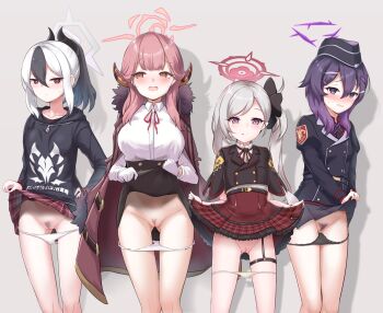 4girls :p aru_(blue_archive) belt black_flower black_hair black_headwear black_hoodie black_jacket black_panties black_skirt blue_archive blush breasts brown_eyes brown_jacket buttons cleft_of_venus closed_mouth clothes_lift collared_shirt demon_horns double-breasted dress_shirt drop_shadow embarrassed female_focus female_pubic_hair flower frilled_skirt frills fur-trimmed_jacket fur-trimmed_sleeves fur_trim garrison_cap gluteal_fold grey_background groin hair_between_eyes hair_flower hair_ornament hairclip halo hand_on_own_hip haruka_(blue_archive) hat highres hood hoodie horns jacket jacket_on_shoulders juliet_sleeves kayoko_(blue_archive) lifting_own_clothes lineup loli long_hair long_sleeves looking_at_viewer looking_away looking_to_the_side medium_breasts miniskirt mole multicolored_hair multiple_girls mutsuki_(blue_archive) panties panty_pull parted_lips pink_hair plaid_clothes plaid_skirt pleated_skirt pointy_ears ponytail pubic_hair puffy_sleeves purple_eyes purple_hair pussy pussy_juice pussy_juice_drip red_eyes red_shirt red_skirt rumiya9i shirt short_sleeves side_ponytail sidelocks simple_background skirt skirt_lift smile standing strap striped_clothes striped_panties sweat sweatdrop swept_bangs thigh_strap tongue tongue_out two-tone_hair underwear wavy_mouth white_hair white_panties white_shirt