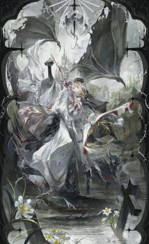 1boy 1girl absurdres arched_back arm_up ascot black_boots black_border black_hair black_wings blonde_hair blood blood_on_clothes blood_on_hands bloody_weapon bloodytongue666 blue_eyes blue_gemstone boots border braid branch breasts brooch castle chinese_commentary closed_mouth coat coat_on_shoulders commentary cross daffodil dragon dragon_wings dress english_commentary eyelashes face-to-face flower fold-over_boots frilled_sleeves frills full_body gem gift_art highres holding holding_sword holding_weapon jewelry knee_boots latin_cross layered_dress layered_sleeves leaning_on_person long_dress long_hair long_sleeves looking_at_another looking_up mixed-language_commentary monster original overcast pale_skin pants parted_bangs pointed_crown profile red_eyes red_gemstone shirt shirt_tucked_in single_braid sky sleeves_past_wrists small_breasts standing standing_on_one_leg sword tassel thigh_strap thorns tree water watermark weapon weibo_watermark wetland white_ascot white_coat white_dress white_flower white_pants white_shirt wide_sleeves wings