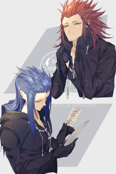 2boys axel_(kingdom_hearts) black_gloves black_robe blue_hair closed_mouth cross_scar facial_mark gloves hair_slicked_back hands_on_own_head highres holding holding_paper hood hood_down hooded_robe kingdom_hearts kingdom_hearts_ii light_smile long_hair male_focus multiple_boys paper pointy_ears red_hair robe saix scar scar_on_face scar_on_forehead sideburns sidelocks srum_su28 upper_body