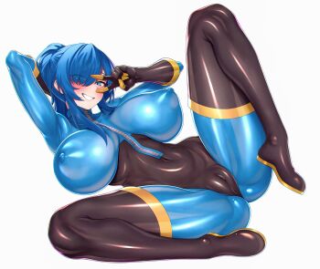 1girl :d absurdres black_boots black_gloves blu_pyro_(tf2) blue_bodysuit blue_eyes blue_hair bodysuit boots breasts breasts_apart cameltoe commission covered_erect_nipples covered_navel full_body genderswap genderswap_(otf) gloves grin hair_over_one_eye highres huge_breasts impossible_clothes latex latex_bodysuit long_hair looking_at_viewer open_mouth ponytail pyro_(tf2) simple_background skin_tight smile solo spread_legs team_fortress_2 teeth thigh_boots thore_(nathalukpol) v white_background zipper zipper_pull_tab