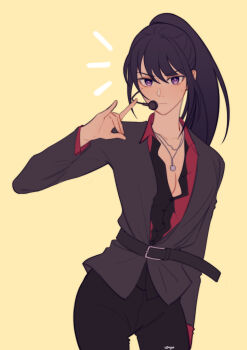 1girl alternate_costume alternate_hairstyle alternate_universe artist_name belt belt_around_waist black_pants black_suit blunt_bangs blush breasts cleavage closed_mouth collarbone collared_jacket collared_shirt commentary english_commentary expressionless eyeliner formal_clothes fox_shadow_puppet genshin_impact grey_jacket head_tilt high_ponytail highres idol jacket jewelry large_breasts long_hair long_sleeves looking_at_viewer makeup mole mole_under_eye necklace open_clothes open_jacket pants partially_unbuttoned ponytail purple_eyes purple_hair raiden_shogun red_eyeliner shade shirt simple_background solo standing suit sweat sweatdrop ujugn upper_body
