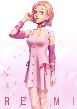 1girl absurdres arm_ribbon breasts character_name choker commentary diamond_wa_kudakenai dress english_commentary hairband highres jojo_no_kimyou_na_bouken legendarysoulii medium_breasts medium_hair petals pink_arm_warmers pink_choker pink_dress pink_eyes pink_hair pink_ribbon ribbon smile solo standing sugimoto_reimi yellow_hairband