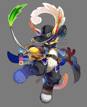 Rule 34 | black hat, black pants, boots, brown gloves, cat, digimon, digimon (creature), eye mask, full body, gloves, green eyes, grey background, hat, hat feather, highres, holding, holding sword, holding weapon, mask, nyabootmon, pants, purple mask, simple background, solo, sword, weapon, youzaiyouzai112