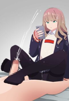 1boy 1girl black_leggings blazer blonde_hair bored censored clothed_female_nude_male cum cum_on_body cum_on_clothes cum_on_upper_body ejaculation erection faceless faceless_male feet footjob footjob_with_legwear gradient_hair green_eyes gridman_universe hetero highres holding holding_phone ignoring jacket koyumean leggings minami_yume mosaic_censoring multicolored_hair multitasking nude penis phone rubbing solo_focus ssss.dynazenon sweater uninterested