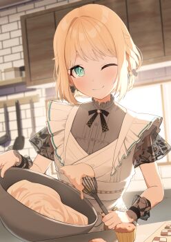 1girl ;) apron aqua_eyes black_ribbon bowl commentary_request cooking cupcake food frilled_apron frills grey_shirt hair_flaps highres holding holding_bowl holding_whisk hololive indoors kazama_iroha kazama_iroha_(maid) kitchen lace lace_sleeves looking_at_viewer neck_ribbon one_eye_closed ribbon shirt shoreen0504 short_hair short_sleeves smile solo swept_bangs virtual_youtuber whisk white_apron wrist_cuffs