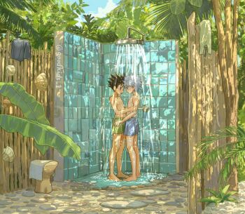 2boys black_hair black_shirt blue_shorts blush clothed_bath commentary_request full_body gon_freecss goodkids_1 green_shorts hunter_x_hunter killua_zoldyck male_focus multiple_boys shared_bathing shirt short_hair shorts showering standing topless_male twitter_username unworn_shirt white_hair yaoi