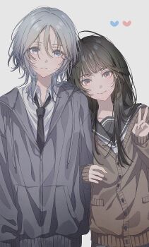 Rule 34 | 2girls, absurdres, black bow, black bowtie, black hair, blue eyes, bow, bowtie, cardigan, collared shirt, highres, locked arms, long hair, long sleeves, looking at viewer, mameko (l8 w3), medium hair, mole, mole under eye, multiple girls, original, pink eyes, sailor collar, shirt, side-by-side, smile, straight hair, upper body, v, white background, white hair