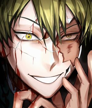 Rule 34 | 1boy, black background, black hair, blonde hair, blood, blood on hands, blood on mask, broken mask, close-up, colored tips, commentary, cracked kawaii mask, cracked mask, hair between eyes, highres, jujutsu kaisen, looking at viewer, male focus, mask, multicolored hair, portrait, short hair, simple background, smile, solo, streaked hair, symbol-only commentary, two-tone hair, xingkon818, zen'in naoya